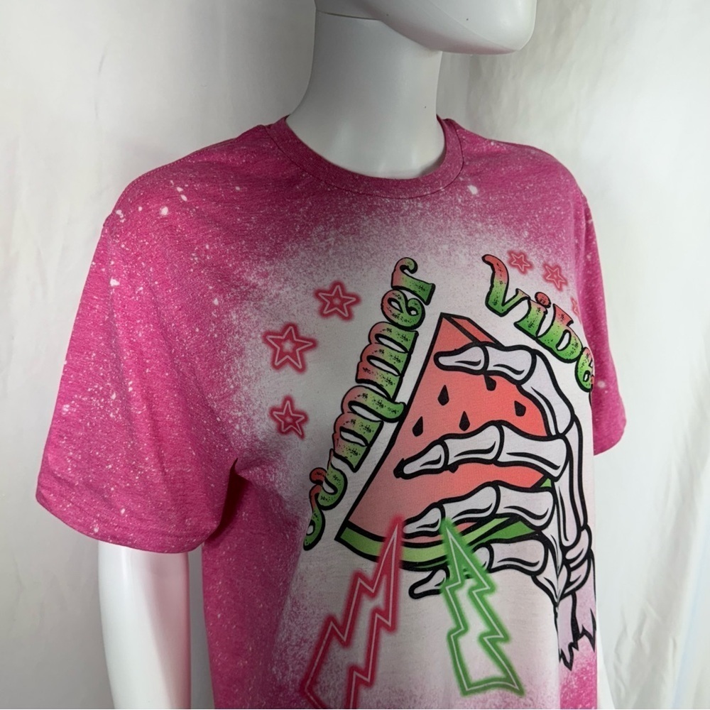 Gilden “Summer Vibes” Pink Galaxy Splatter Skeleton Watermelon Tee - Picture 2 of 7